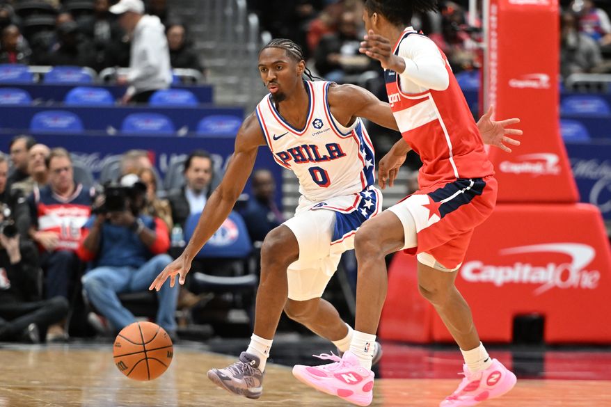 Philadelphia 76ers guard Tyrese Maxey (0) bringing the ball up court during the first quarter of an NBA game against the Washington Wizards at Capital One Arena in Washington D.C., October 28, 2025. (Photo for the Washington Times)