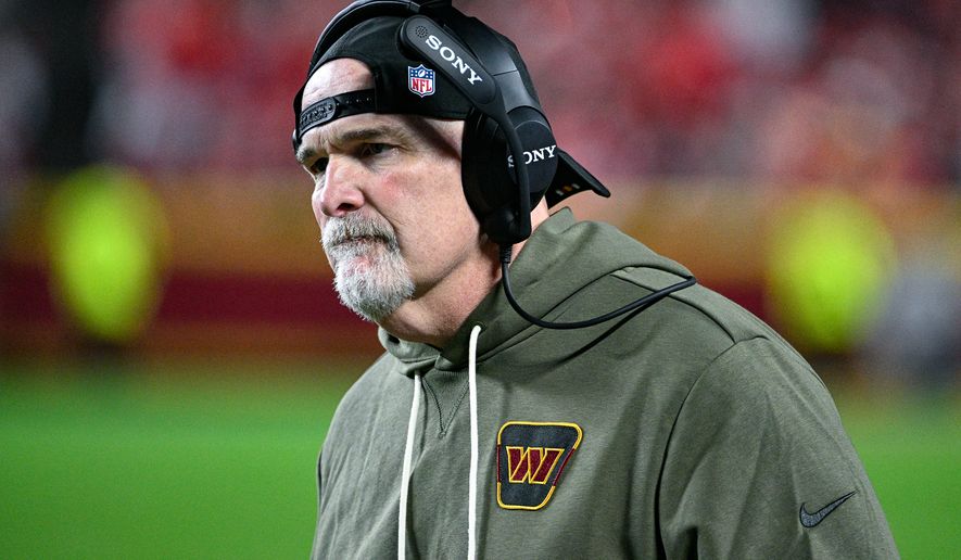 Washington Commanders head coach Dan Quinn is not pleased after his defense is assessed a 15-yard penalty for unnecessary roughness during the third quarter against the Kansas City Chiefs at GEHA Field at Arrowhead Stadium in Kansas City, Missouri, October 27, 2025. (Photo by Brian Murphy for the Washington Times)