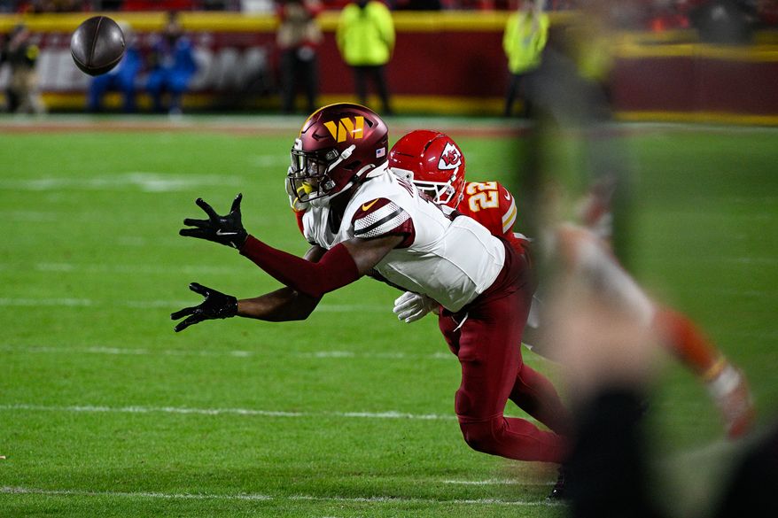 Washington Commanders receiver Terry McLaurin (17) looks in a 25-yard reception during the third quarter against the Kansas City Chiefs at GEHA Field at Arrowhead Stadium in Kansas City, Missouri, October 27, 2025. (Photo by Brian Murphy for the Washington Times)