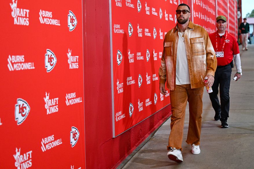 Kansas City Chiefs tight end Travis Kelce (87) arrives in style prior to facing the Washington Commanders on Monday Night Football at GEHA Field at Arrowhead Stadium in Kansas City, Missouri, October 27, 2025. (Photo by Brian Murphy for the Washington Times)