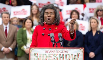 Republican gubernatorial candidate and current Lt. Gov. Winsome Earle-Sears speaks during a news conference on the steps of the Virginia Capitol Building, Monday, Oct. 27, 2025, in Richmond, Va. (Mike Kropf/Richmond Times-Dispatch via AP) **FILE**