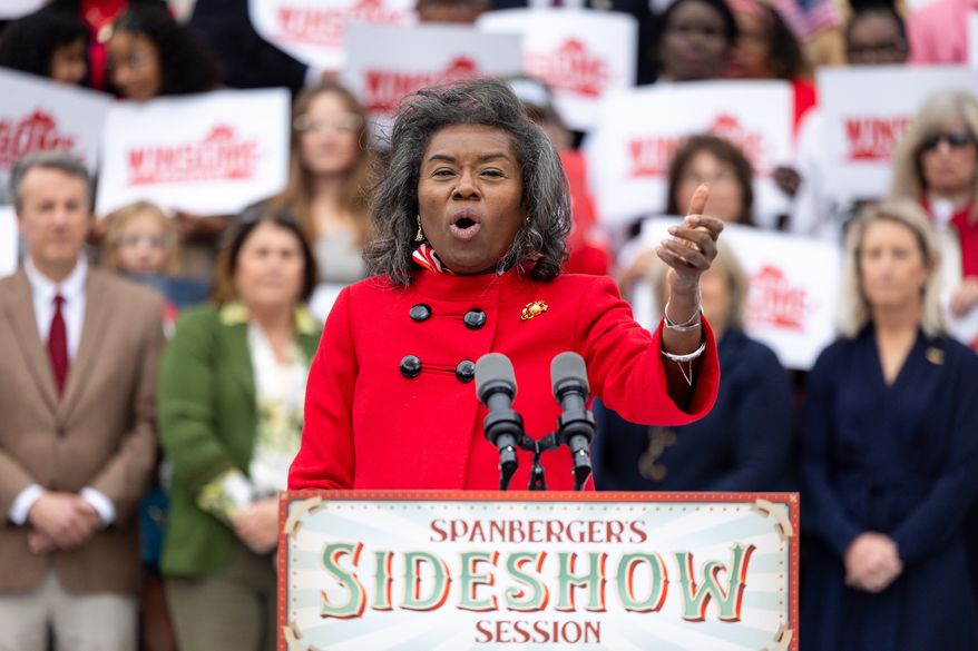 Republican gubernatorial candidate and current Lt. Gov. Winsome Earle-Sears speaks during a news conference on the steps of the Virginia Capitol Building, Monday, Oct. 27, 2025, in Richmond, Va. (Mike Kropf/Richmond Times-Dispatch via AP) **FILE**