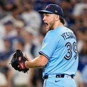 Toronto Blue Jays pitcher Trey Yesavage celebrates the end on the seventh inning in Game 5 of baseball's World Series against the Los Angeles Dodgers, Wednesday, Oct. 29, 2025, in Los Angeles. (AP Photo/Brynn Anderson)