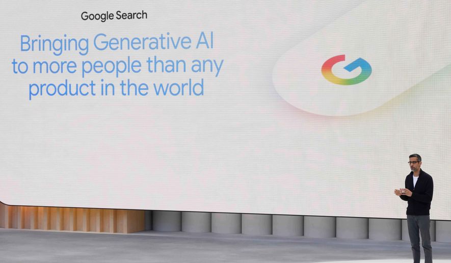 FILE - Alphabet CEO Sundar Pichai speak at a Google I/O event in Mountain View, Calif., Tuesday, May 20, 2025. (AP Photo/Jeff Chiu, File)