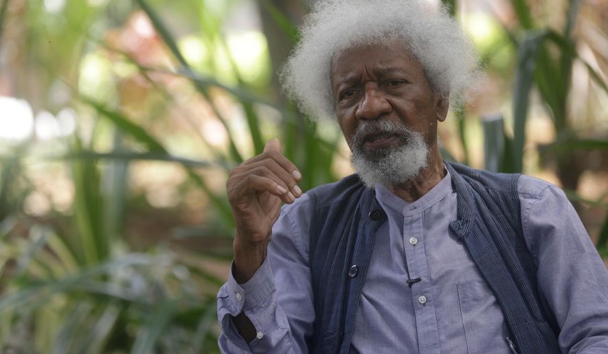 FILE - Nobel Laureate Wole Soyinka, speaks to The Associated Press during an interview at freedom park in Lagos, Nigeria, Thursday, Oct. 28, 2021. (AP Photo/Sunday Alamba, file)