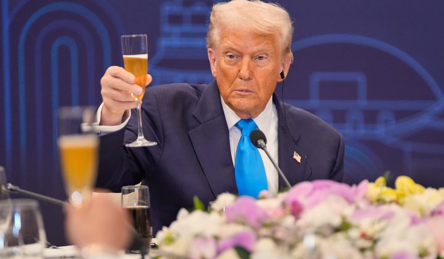 President Donald Trump toasts with state leaders during a dinner event hosted by South Korean President Lee Jae Myung in Gyeongju, South Korea, Wednesday, Oct. 29, 2025. (AP Photo/Mark Schiefelbein)