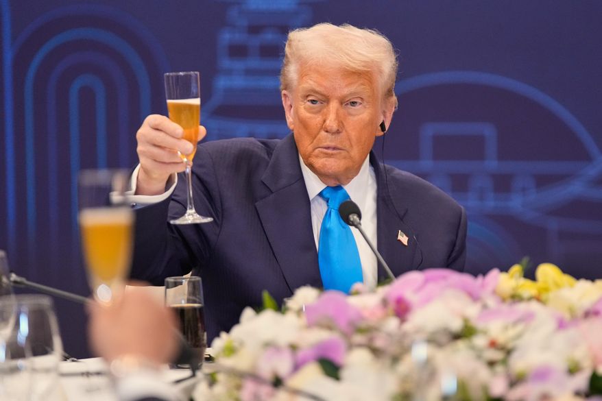 President Donald Trump toasts with state leaders during a dinner event hosted by South Korean President Lee Jae Myung in Gyeongju, South Korea, Wednesday, Oct. 29, 2025. (AP Photo/Mark Schiefelbein)
