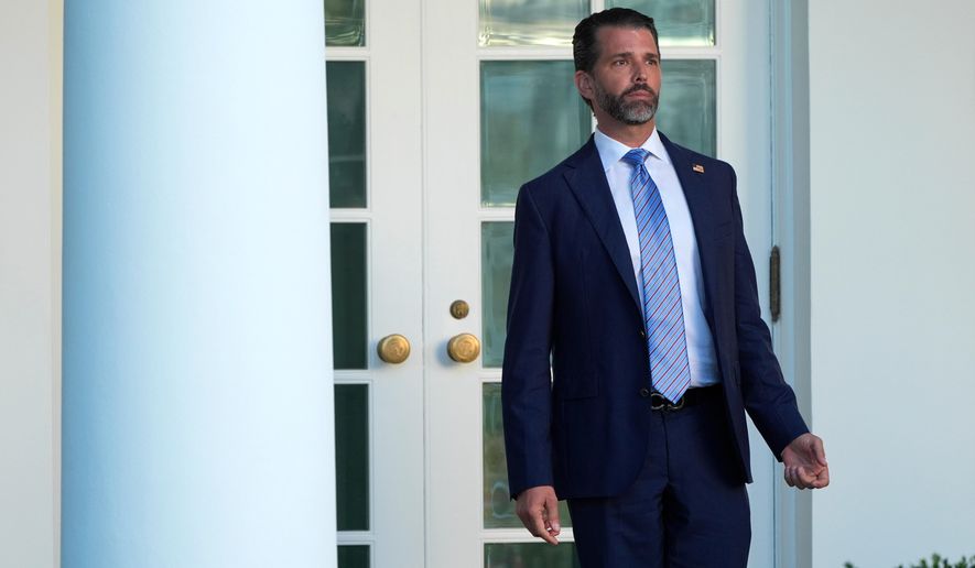 Donald Trump Jr. stands near the Oval Office after a ceremony to present the Presidential Medal of Freedom for Charlie Kirk to his widow Erika Kirk in the Rose Garden of the White House, Tuesday, Oct. 14, 2025, in Washington. (AP Photo/Mark Schiefelbein) **FILE**