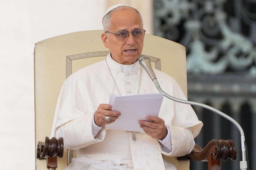 Pope Leo XIV delivers his message on the occasion of the weekly general audience in st. Peter's Square, at the Vatican, Wednesday, Oct. 29, 2025. (AP Photo/Gregorio Borgia)
