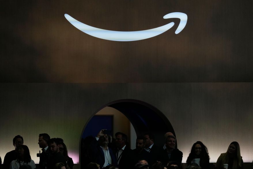 FILE - An Amazon logo is seen at an Amazon event in New York, Tuesday, Sept. 30, 2025. (AP Photo/Seth Wenig, File)