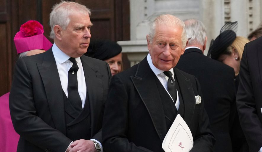 FILE - Britain's Prince Andrew, left, and Britain's King Charles III leave after the Requiem Mass service for the Duchess of Kent at Westminster Cathedral in London, Tuesday, Sept. 16, 2025. (AP Photo/Joanna Chan, File)
