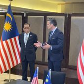 Defense Secretary Pete Hegseth (right) meets with Malaysian Defense Minister Mohamed Khaled bin Nordin and discusses deeper defense cooperation on Thursday, Oct. 30, 2025.(Bill Gertz/The Washington Times)