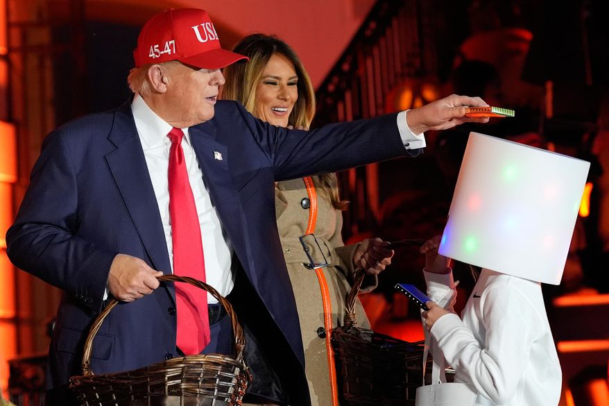 President Donald Trump and first lady Melania Trump participate in a Halloween at the White House event on the South Lawn, Thursday, Oct. 30, 2025, in Washington. (AP Photo/Alex Brandon)