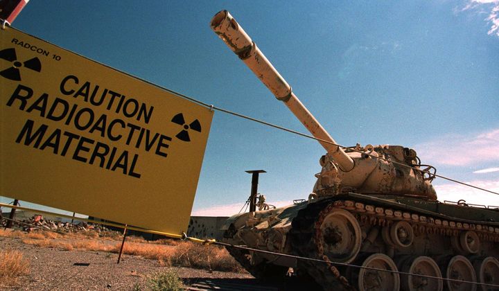 An M-48 tank, which fired uranium-tipped shells in the 1970s, sits at the Nevada Test Site on Aug. 24, 1999. (AP Photo/Laura Rauch) **FILE**