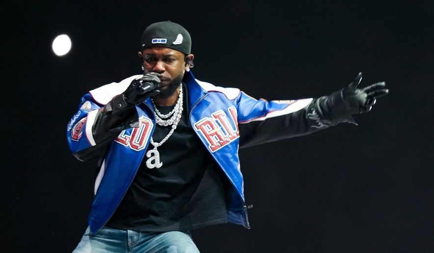 FILE - Kendrick Lamar performs during halftime of the NFL Super Bowl 59 football game between the Kansas City Chiefs and the Philadelphia Eagles in New Orleans, Feb. 9, 2025. (AP Photo/Matt Slocum, File)