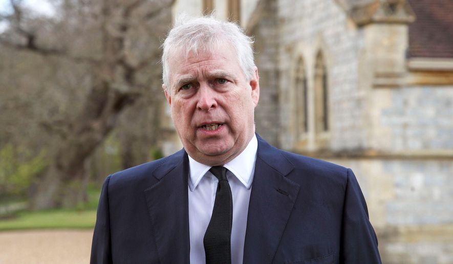 Britain's then-Prince Andrew speaks during a television interview at the Royal Chapel of All Saints at Royal Lodge, Windsor, April 11, 2021. (Steve Parsons/Pool Photo via AP, File)