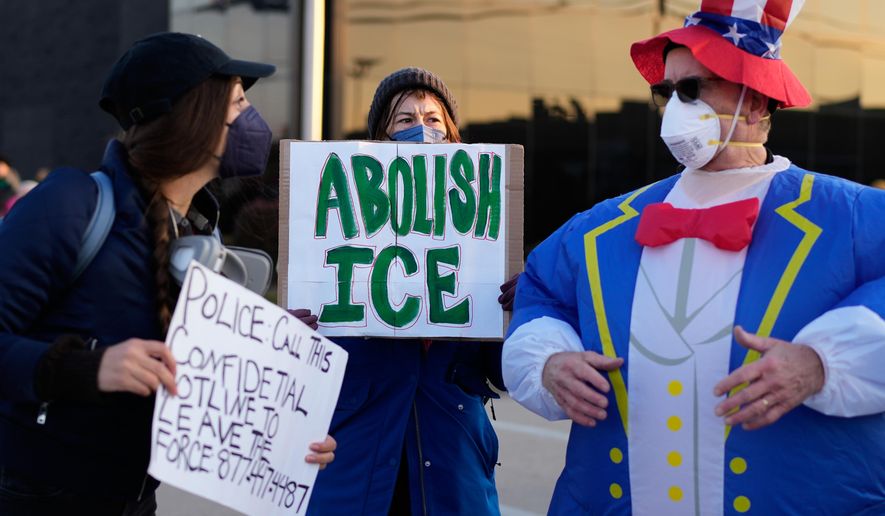 Protesters gather outside an ICE processing facility in the Chicago suburb of Broadview, Ill., Friday, Oct. 31, 2025. (AP Photo/Nam Y. Huh) ** FILE **