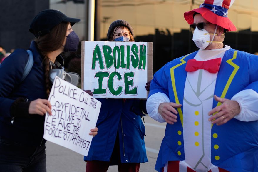 Protesters gather outside an ICE processing facility in the Chicago suburb of Broadview, Ill., Friday, Oct. 31, 2025. (AP Photo/Nam Y. Huh) ** FILE **
