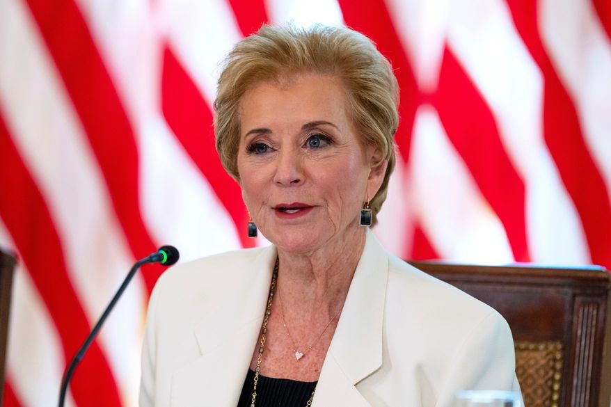 Education Secretary Linda McMahon speaks during a meeting in the East Room of the White House, Sept. 4, 2025, in Washington. (AP Photo/Alex Brandon, File)
