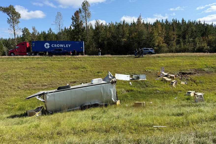 This photo provided by Scotty Ray Boyd shows an overturned truck which had been transporting several monkeys, Tuesday, Oct. 28, 2025, in Heidelberg, Miss. (Scotty Ray Boyd via AP)