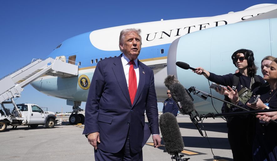 President Donald Trump speaks to the media after arriving at Palm Beach International Airport, Friday, Oct. 31, 2025, in West Palm Beach, Fla. (AP Photo/Manuel Balce Ceneta)