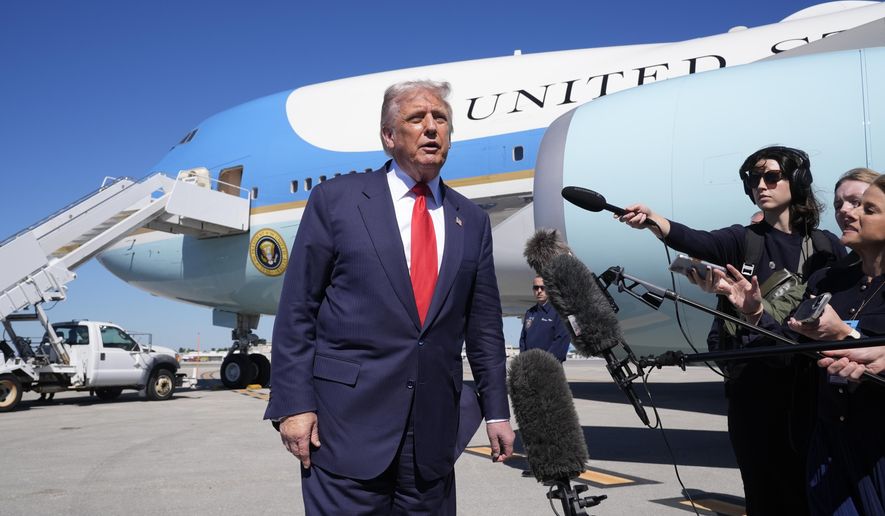 President Donald Trump speaks to the media after arriving at Palm Beach International Airport, Friday, Oct. 31, 2025, in West Palm Beach, Fla. (AP Photo/Manuel Balce Ceneta) ** FILE **