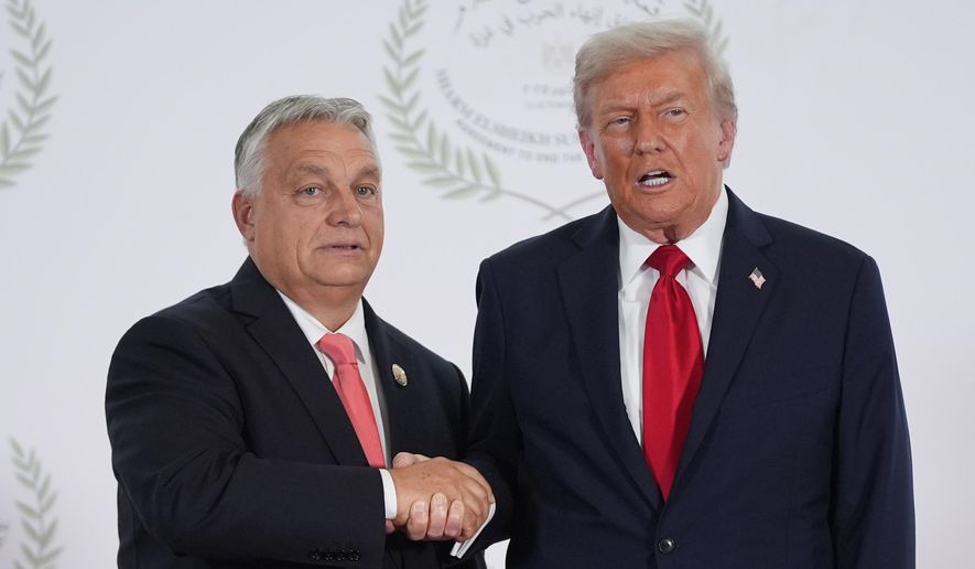 President Donald Trump greets Hungary's Prime Minister Viktor Orban during a summit to support ending the more than two-year Israel-Hamas war in Gaza after a breakthrough ceasefire deal, Monday, Oct. 13, 2025, in Sharm El Sheikh, Egypt. (AP Photo/Evan Vucci, Pool)