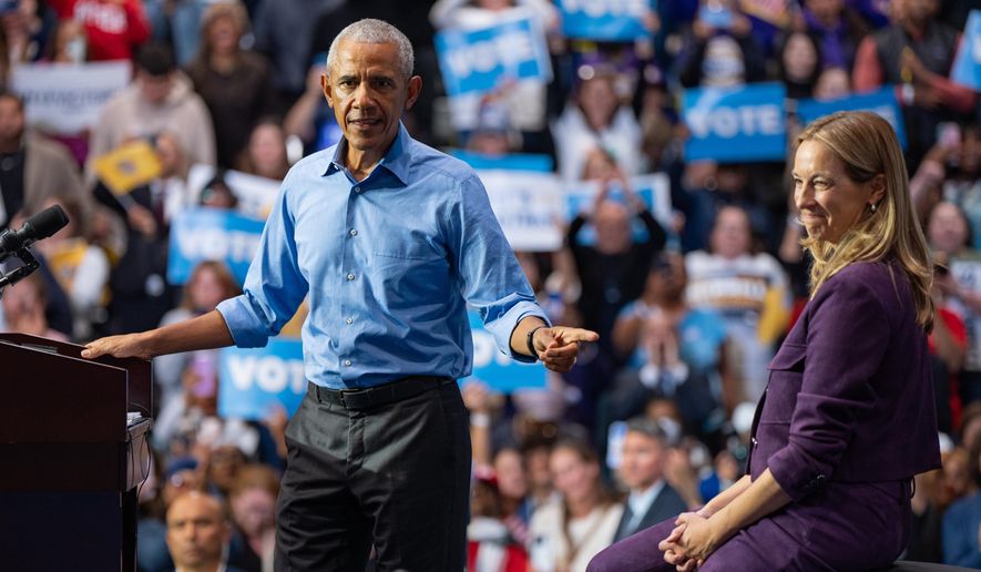 Former President Barack Obama endorses New Jersey Democratic gubernatorial candidate Mikie Sherrill at a campaign rally, Saturday, Nov. 1, 2025, in Newark, N.J. (AP Photo/Angelina Katsanis)