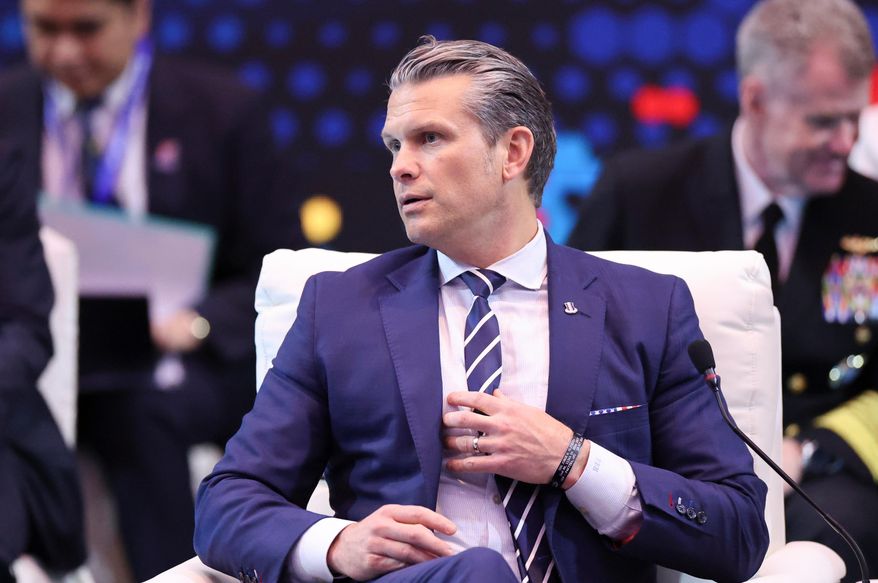 U.S. Defense Secretary Pete Hegseth attends the Association of Southeast Asian Nations (ASEAN)-United States Defence Ministers' High Tea, as part of the ASEAN Defense Ministers' meeting, in Kuala Lumpur, Malaysia, Saturday, Nov. 1, 2025. (Hasnoor Hussainl/Pool Photo via AP)