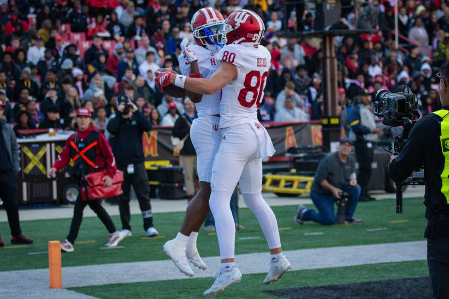 Indiana wide receiver Omar Cooper Jr. (left) celebrates a touchdown catch in the second quarter of an NCAA football game against Maryland in College Park, Md. on Saturday, Nov. 1, 2025. (All-Pro Reels/Neil Dalal)