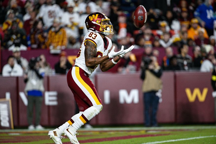 Washington Commanders receiver Jaylin Lane (83) catches a second quarter kick off against the Seattle Seahawks at Northwest Stadium in Landover, Maryland, November 2, 2025. (Photo by Brian Murphy for the Washington Times)