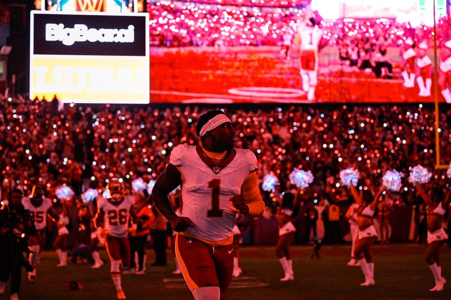 Washington Commanders receiver Deebo Samuel Sr. (1) jogs out onto the field during pregame introductions prior to hosting the Seattle Seahawks at Northwest Stadium in Landover, Maryland, November 2, 2025. (Photo by Brian Murphy for the Washington Times)