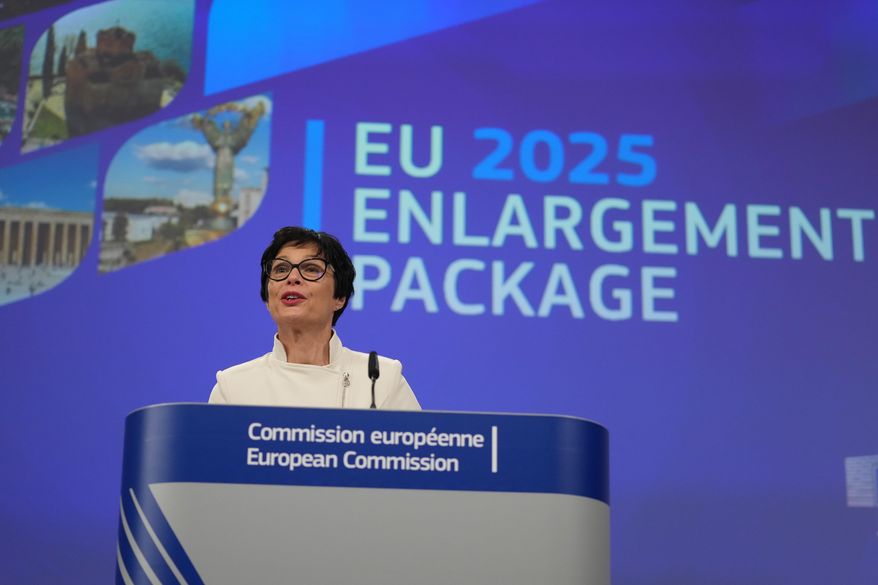 European Commissioner for Enlargement Marta Kos addresses a media conference at EU headquarters in Brussels, Belgium, Tuesday, Nov. 4, 2025. (AP Photo/Virginia Mayo)