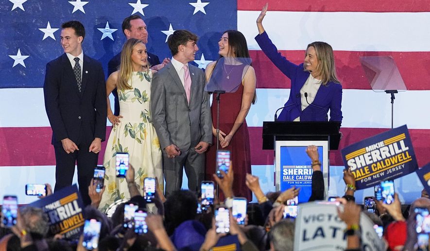New Jersey Democratic gubernatorial candidate Mikie Sherrill speaks during an election night party in East Brunswick, N.J., Tuesday, Nov. 4, 2025. (AP Photo/Matt Rourke)