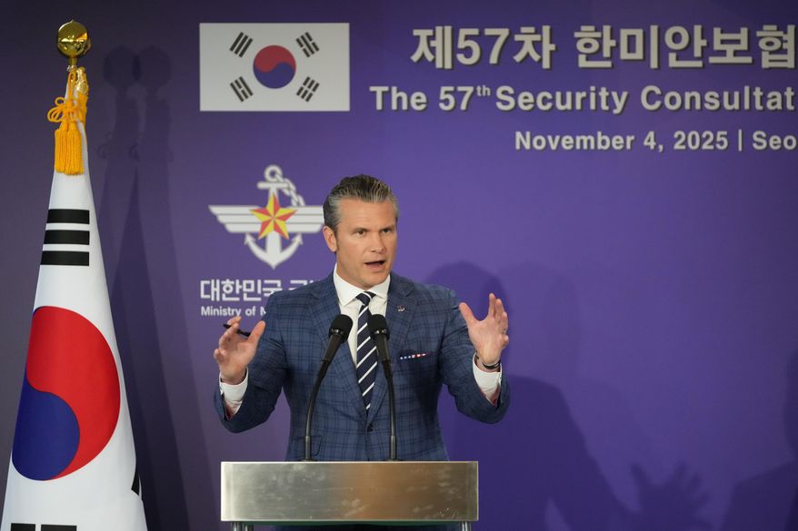 U.S. Defense Secretary Pete Hegseth speaks during a joint press conference with South Korean Defense Minister Ahn Gyu-back, following the 57th Security Consultative Meeting at the Defense Ministry in Seoul, South Korea, Tuesday, Nov. 4, 2025. (AP Photo/Lee Jin-man, Pool) ** FILE **