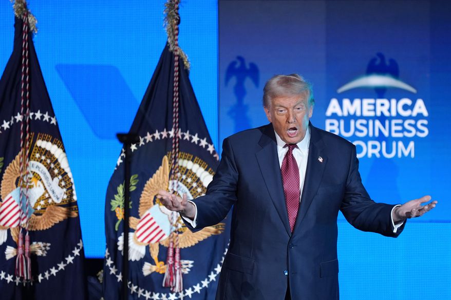 President Donald Trump on stage before speaking at the America Business Forum, Wednesday, Nov. 5, 2025, in Miami. (AP Photo/Rebecca Blackwell)