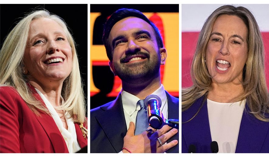 This combination of photos taken on Tuesday, Nov. 4, 2025, shows Abigail Spanberger in Richmond, Va., left, Zohran Mamdani in New York, center, and Mikie Sherrill in East Brunswick, N.J. (AP Photo/Stephanie Scarbrough, Yuki Iwamura and Matt Rourke)