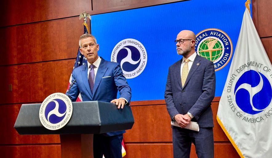 Transportation Secretary Sean Duffy, left, speaks at a news conference with FAA administrator Bryan Bedford to announce flight cancellations across the country because of the government shutdown Wednesday, Nov. 5, 2025 at the U.S. Department of Transportation headquarters in Washington. (AP Photo/Matthew Daly)