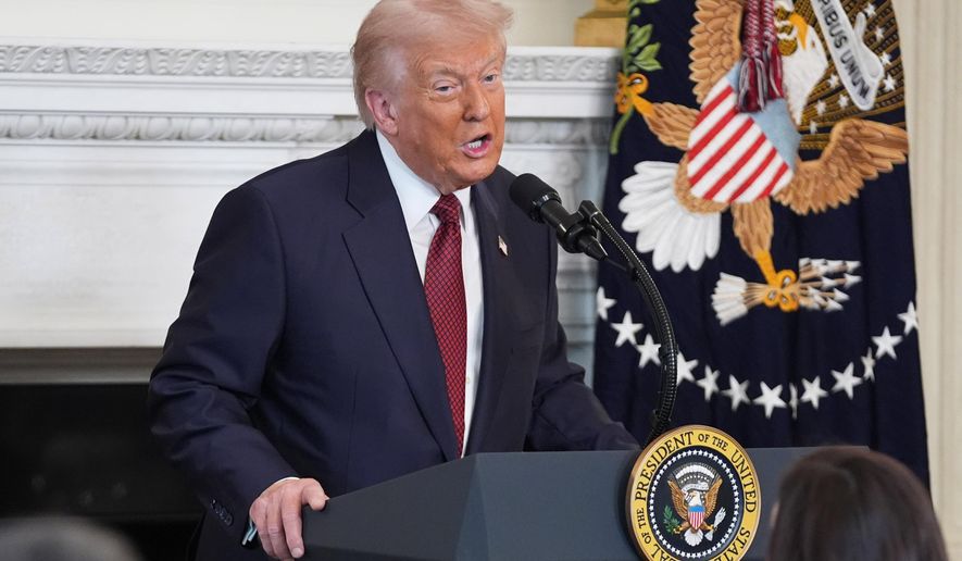 President Donald Trump speaks during a breakfast with Senate and House Republicans in the State Dining Room of the White House, Wednesday, Nov. 5, 2025, in Washington. (AP Photo/Evan Vucci)