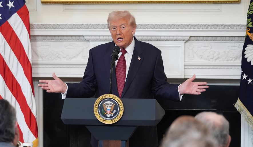President Donald Trump speaks during a breakfast with Senate and House Republicans in the State Dining Room of the White House, Wednesday, Nov. 5, 2025, in Washington. (AP Photo/Evan Vucci)