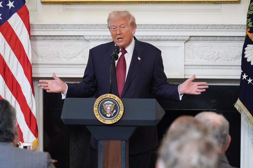 President Donald Trump speaks during a breakfast with Senate and House Republicans in the State Dining Room of the White House, Wednesday, Nov. 5, 2025, in Washington. (AP Photo/Evan Vucci)