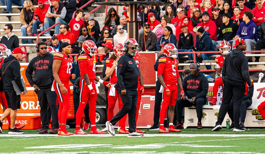 Maryland coach Mike Locksley (center) walks the sideline during an NCAA football game against Indiana, Saturday, Nov. 1, 2025, in College Park, Md. (All-Pro Reels)