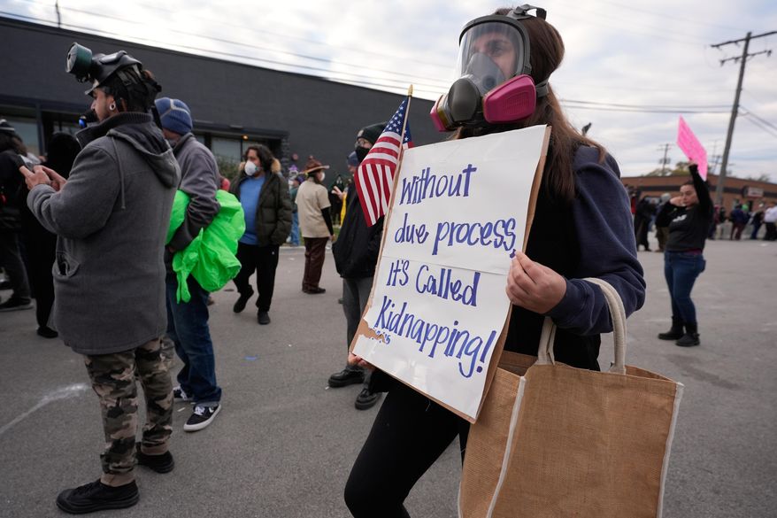Protesters gather outside an ICE processing facility in the Chicago suburb of Broadview, Ill., Saturday, Nov. 1, 2025. (AP Photo/Alex Brandon) ** FILE **