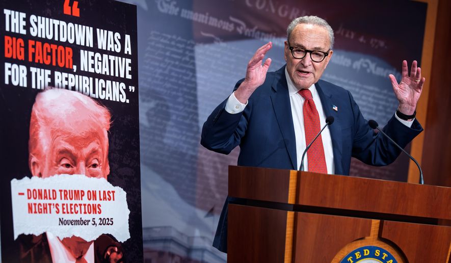 Senate Minority Leader Chuck Schumer, D-N.Y., speaks to reporters about Democratic victories on Election Day, at the Capitol in Washington, Wednesday, Nov. 5, 2025, day 36 of the government shutdown. (AP Photo/J. Scott Applewhite)