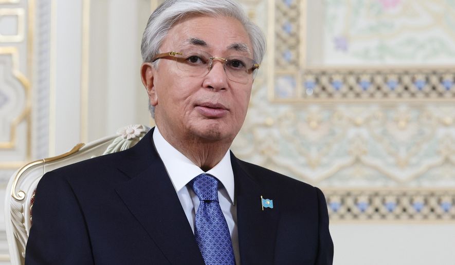 FILE - Kazakh President Kassym-Jomart Tokayev attends a meeting with Russian President Vladimir Putin on the sidelines of the summit of the Commonwealth of Independent States at the Palace of the Nation in Dushanbe, Tajikistan, Oct. 10, 2025. (Vladimir Smirnov, Sputnik, Kremlin Pool Photo via AP, File)