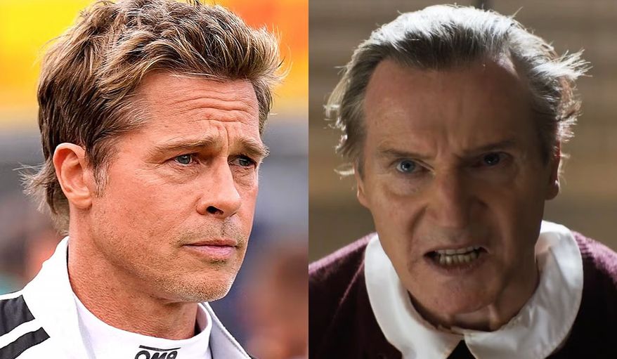 Brad Pitt in "F1: The Movie" and Liam Neeson in "The Naked Gun," now available in the home theater disc format.