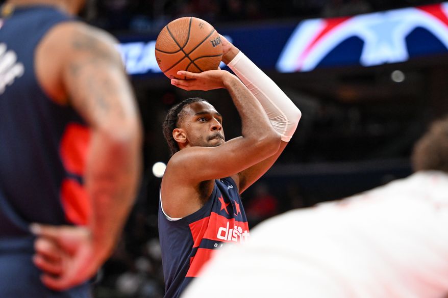 Washington Wizards center Alex Sarr (20) taking a foul shot during the first quarter of an NBA game against the Cleveland Cavaliers at Capital One Arena in Washington D.C., November 7, 2025. (Photo for the Washington Times)