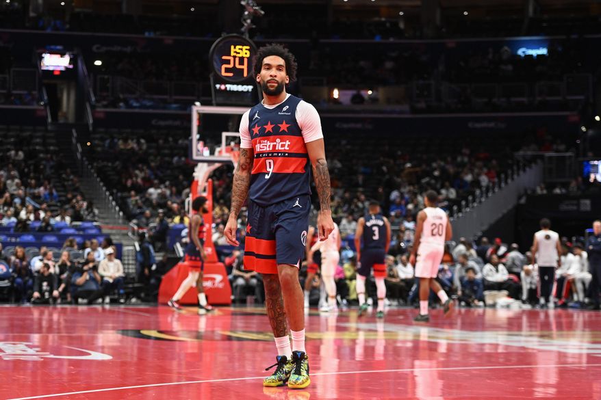 Washington Wizards forward Justin Champagnie (9) on the court during a break in the action during the first quarter of an NBA game against the Cleveland Cavaliers at Capital One Arena in Washington D.C., November 7, 2025. (Photo for the Washington Times)