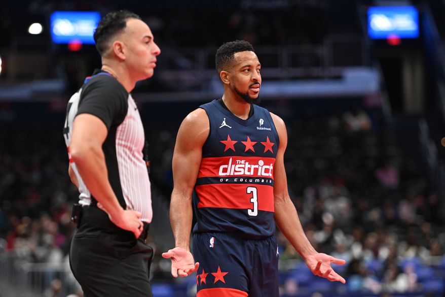 Washington Wizards guard CJ McCollum (3) talking it over with the ref during the fourth quarter of an NBA game against the Cleveland Cavaliers at Capital One Arena in Washington D.C., November 7, 2025. (Photo for the Washington Times)