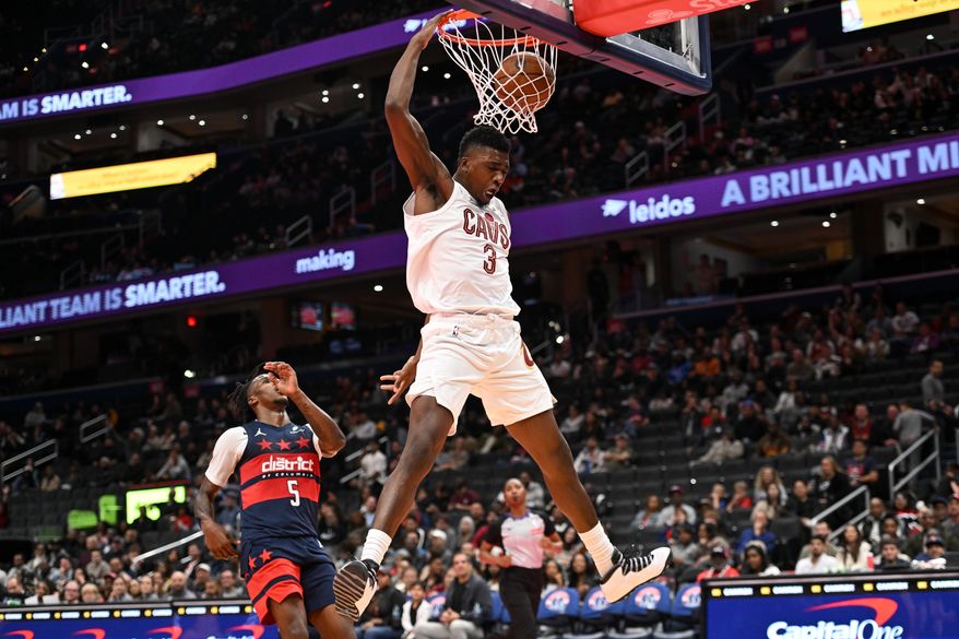 Cleveland Cavaliers center Thomas Bryant (3) dunking the ball during the fourth quarter of an NBA game against the Washington Wizards at Capital One Arena in Washington D.C., November 7, 2025. (Photo for the Washington Times)